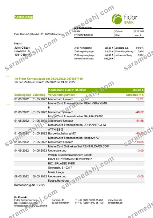 Germany Fidor bank statement